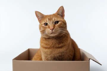 Ginger tabby cat sitting in a cardboard box against white background