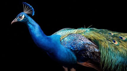 Striking Close-Up of a Vibrant Male, Featuring Iridescent Feathers and Elegant Pose Against Black