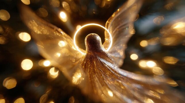Close-up of a golden angel's wings. the wings are spread out, creating a sense of movement and energy. the background is blurred, but it appears to be a starry night sky.