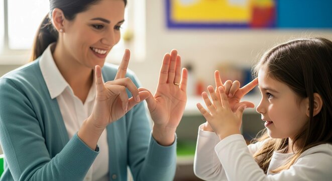 A heartwarming close-up shot captures a warm and patient female teacher demonstrating the ASL sign for "learn" to a young elementary school student. The teacher smiles brightly, her hands clearly
