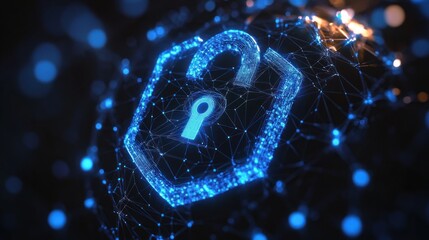 Glowing digital padlock composed of interconnected blue nodes and lines symbolizing cybersecurity and data protection in a futuristic dark environment