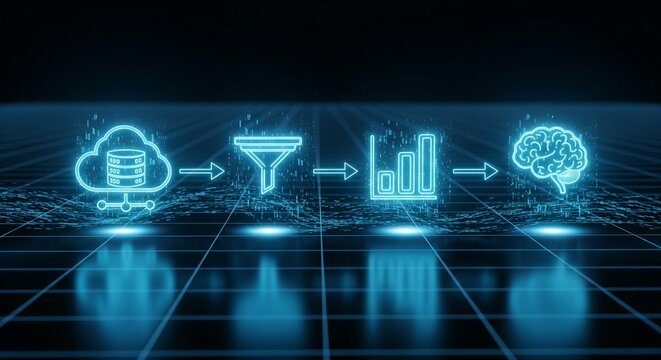 A sleek, high-contrast image depicting a futuristic data analysis workflow. Four glowing neon blue holographic icons – a cloud database, a filter, a bar chart, and a human brain – are arranged in a
