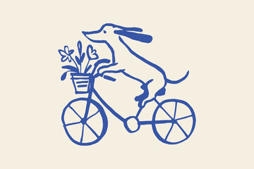 Dog riding bicycle with flower basket, hand-drawn sketch vector