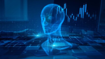 Futuristic Digital World with Holographic Human and Data Graphs in Blue Hue