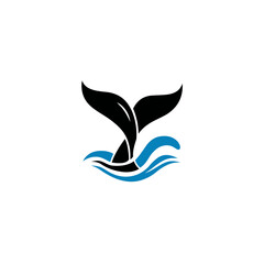 Fototapeta premium Whale tail diving in ocean waves, abstract minimalist graphic design, marine animal symbol, vector illustration icon