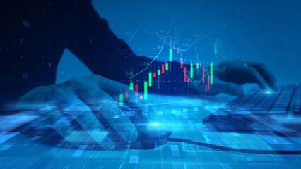 Person Using Computer in Financial Chart Data Analysis Technology Concept