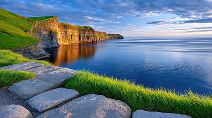 Dramatic coastal cliffs descend into the calm ocean under a vibrant sunset sky with golden hour lighting casting warm hues on the green grassy landscape and rocky path