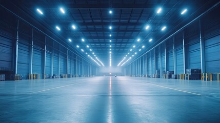 Huge automated warehouse with high-tech logistics and robotic systems. -