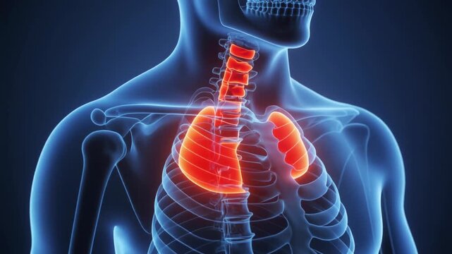 Human Anatomy XRay Rib Cage Lungs and Spine Highlighted in Red on Blue Background