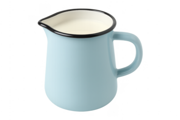 Blue enamel pitcher filled with milk on transparent background