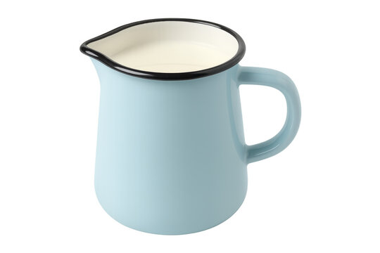 Blue enamel pitcher filled with milk on transparent background