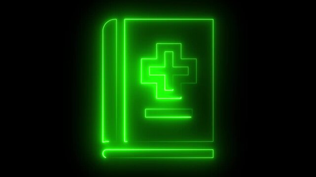 Green Neon Medical Book Icon on Black Background health record science book