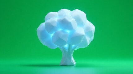 Stylized, -rendered tree illuminated from within, set against a bright green backdrop.