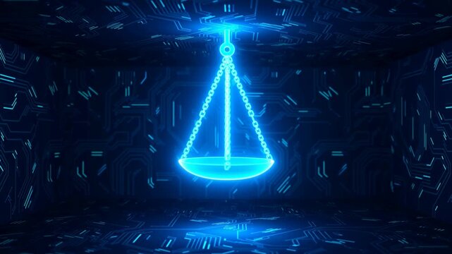A Futuristic Glowing Scale Representing Justice and Balance in a Digital Realm, Showcasing the Intersection of Technology and Law in an Abstract, Dark Environment