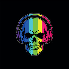 Bright colorful Skull graphic vector illustration wearing headphones, modern music, perfect for t-shirts, DJ themes, streetwear and music related branding.