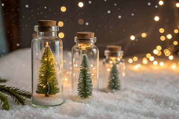 Beautiful Christmas greeting card with glass bottles containing miniature Christmas trees and glowing fairy lights. Warm bokeh background with falling snow and festive atmosphere. Perfect for holiday 