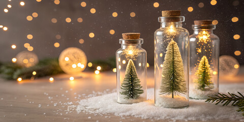 Beautiful Christmas greeting card with glass bottles containing miniature Christmas trees and glowing fairy lights. Warm bokeh background with falling snow and festive atmosphere. Perfect for holiday 