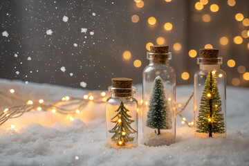 Beautiful Christmas greeting card with glass bottles containing miniature Christmas trees and glowing fairy lights. Warm bokeh background with falling snow and festive atmosphere. Perfect for holiday 