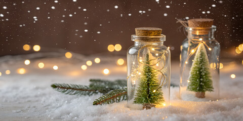 Beautiful Christmas greeting card with glass bottles containing miniature Christmas trees and glowing fairy lights. Warm bokeh background with falling snow and festive atmosphere. Perfect for holiday 