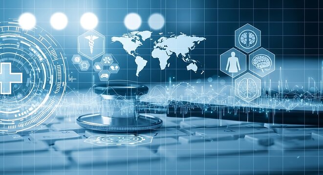 Conceptual medical technology with futuristic elements showcasing global healthcare and digital health solutions