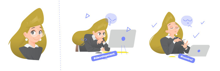 Cartoon Vector Illustration of a Business Lady Character. Bust Avatar and Two Scenes Showing Focused Work at the Computer and Relaxed Manicure Moment with Laptop, Representing Balance and Confidence.