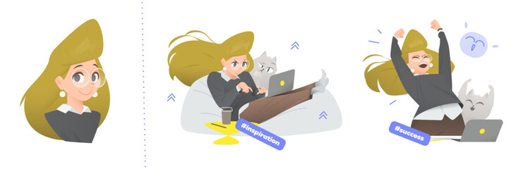 Cartoon Vector Illustration of a Successful Business Woman and her Cat. Scene 1: Working Creatively on Laptop, Cat Observing. Scene 2: Joyful Celebration of Success and Achievement.