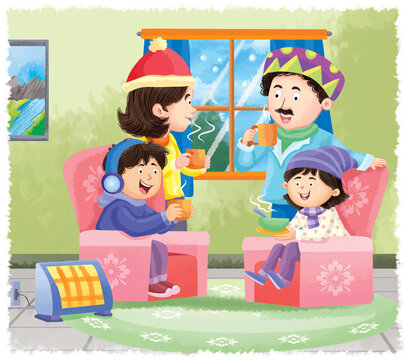Family Sitting Indoors and Enjoying Hot Drinks in Winter