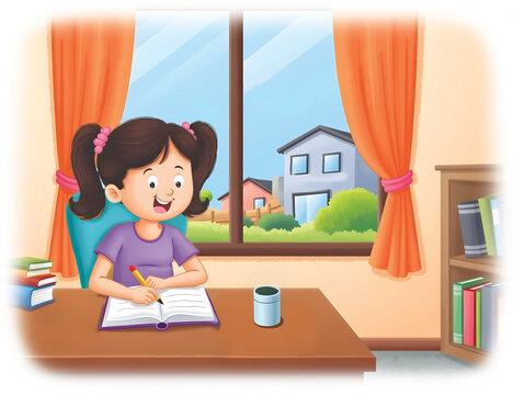 Cute Girl Studying and Writing Homework in Room