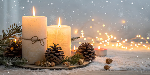 Warm and cozy Christmas scene with burning candles, pine cones, and festive lights. Soft bokeh background with snow and gentle glow. Perfect for winter greeting cards, invitations, or social media pos