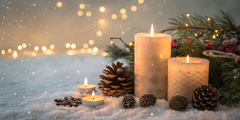 Warm and cozy Christmas scene with burning candles, pine cones, and festive lights. Soft bokeh background with snow and gentle glow. Perfect for winter greeting cards, invitations, or social media pos