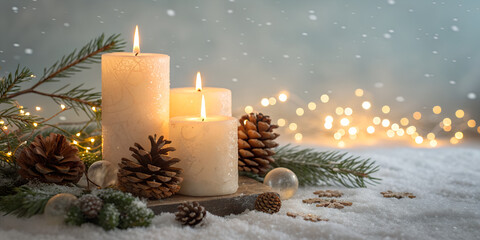 Warm and cozy Christmas scene with burning candles, pine cones, and festive lights. Soft bokeh background with snow and gentle glow. Perfect for winter greeting cards, invitations, or social media pos