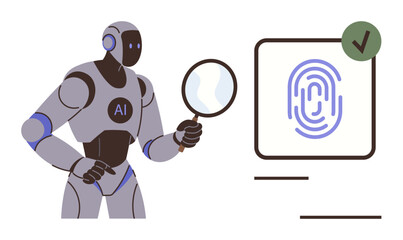 Robot with AI label holding magnifying glass examines fingerprint icon on screen with checkmark. Ideal for technology, cybersecurity, biometrics, AI innovation, identity verification, data