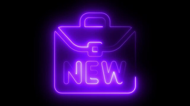 Purple neon glowing icon of a briefcase with the word NEW luggage opening