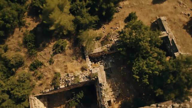 Aerial drone view of ancient stone ruins nestled within a lush forest, showcasing historical architecture overgrown by trees and vegetation.