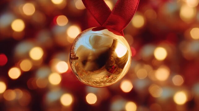 Close-up of a golden christmas bauble hanging from a red ribbon. the bauble is spherical in shape and appears to be made of a shiny, reflective material.