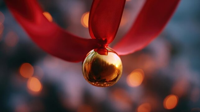 Close-up of a golden christmas bauble hanging from a red ribbon. the bauble is round and shiny, with a smooth surface.