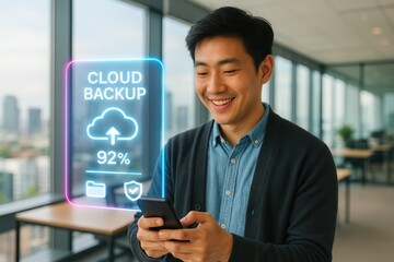 Cloud backup action by a young professional in a modern office setting engaging with technology for data security