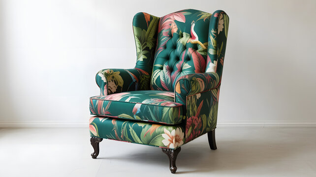 Green wingback armchair with tropical floral upholstery