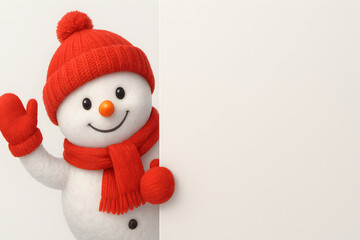 A cheerful snowman with a red hat and scarf peeks from behind a white wall isolated on white background, christmas