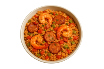 Round bowl of shrimp fried rice with sausage slices, peas, bell peppers, and diced vegetables