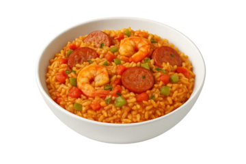 White bowl brimming with jambalaya-style rice, shrimp, sausage slices, and colorful peppers in tomato-based sauce