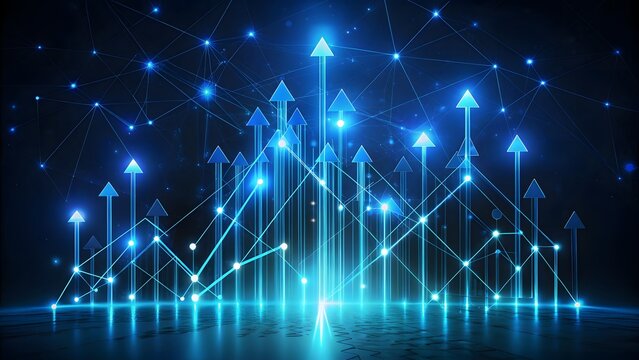 Abstract glowing blue arrows rising up from a digital network grid