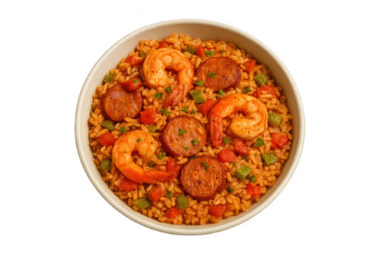 Round bowl of shrimp fried rice with sausage slices, peas, bell peppers, and diced vegetables