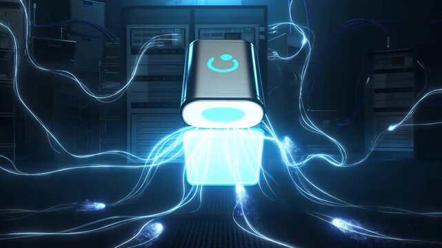 A 3D render of a futuristic device emitting vibrant energy streams in a high-tech server room, symbolizing advanced technology and connectivity.