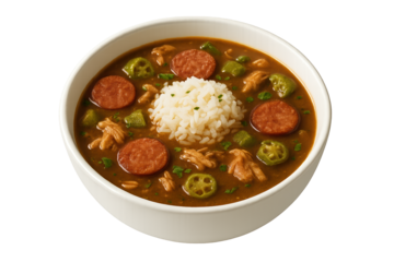 Bowl of hearty Cajun gumbo with rice, sausage slices, chicken, okra, and herbs