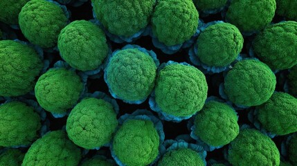 Fototapeta premium Close-up of a group of small, round, green spheres. the spheres appear to be made of a textured material, possibly moss or lichen, and are arranged in a random, overlapping pattern.