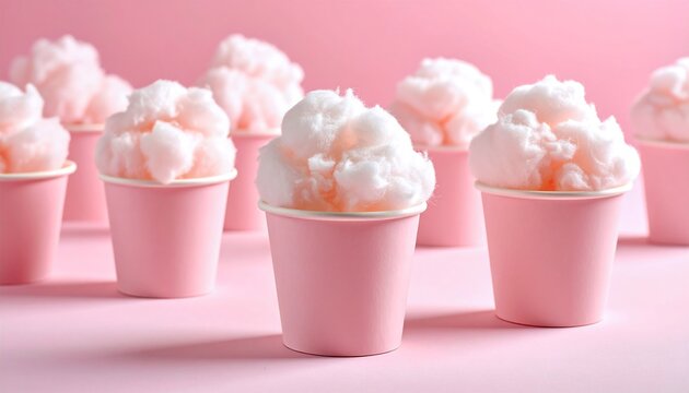 Close-up of cotton candy in pastel paper cups arranged on a soft pink tablecloth minimal setup