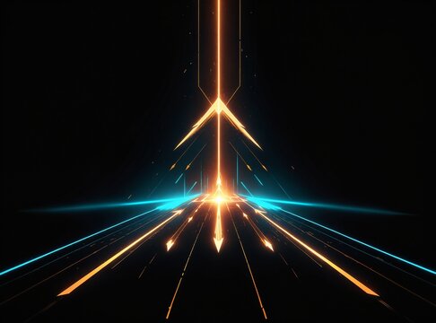 A futuristic, glowing tunnel of golden and cyan light trails converging toward a bright center in deep space darkness  evoking speed, direction, and digital wonder.