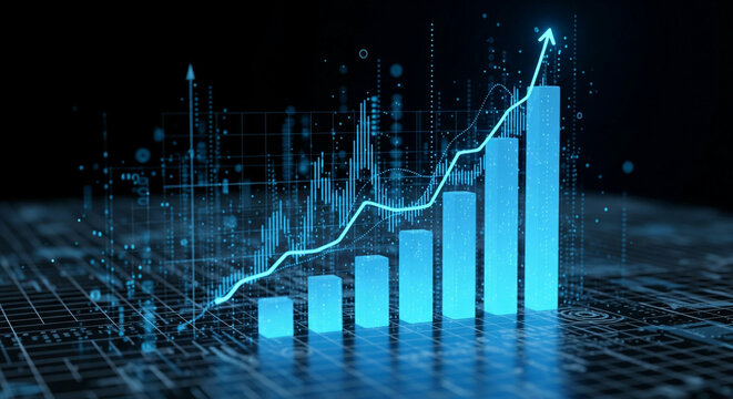 A dynamic 3D rendering showcases a glowing blue bar chart alongside an ascending line graph, both intricately woven with abstract data points and digital overlays. Set against a dark, sophisticated