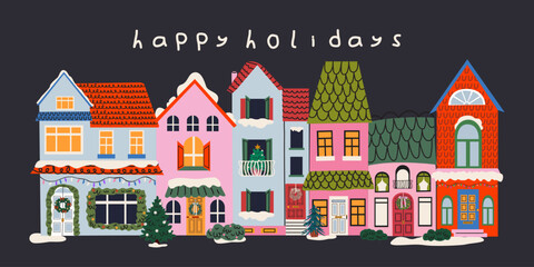 Merry Christmas and Happy New Year retro banner design with colorful festive houses, snow and Christmas trees. Cozy winter outside retro house card. Traditional winter holidays vector illustration